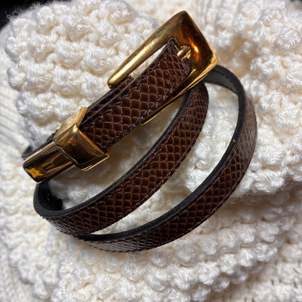 Vintage Brown Faux-Snakeskin Leather Belt with Brass Hardware